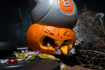 Heavy kettlebell crushing carved Halloween pumpkin head Jack Lantern (Jack-o'-lantern). Candy...