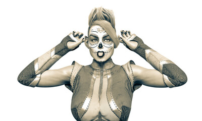 cyberpunk la muerte girl is doing a weird monkey face meme on white background