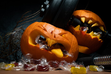 Halloween pumpkin clenching teeth on barbell dumbbell, crushing other carved Jack-o'-lantern. Candy...
