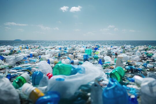 Lots of plastic bottle garbage on messy ocean coast. Unhygienic seaside tropical beach harmful waste pollution. Ecology problem and environmental destruction concept