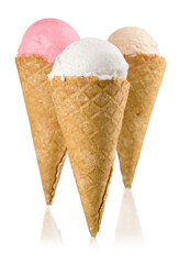 Chocolate, vanilla and strawberry ice cream in the cones on white background