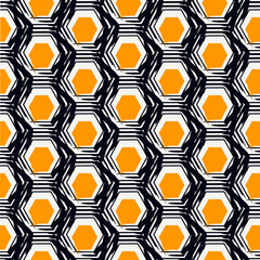 Paint brush hexagons. Hand drawn honeycombs background. Hexahedrons wallpaper. Hives motif. Geometric backdrop. Ethnic digital paper. Web designing. Textile print. Seamless pattern.