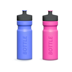Blue and pink matte plastic sports water bottle. Photorealistic packaging mockup template. Vector 3d
