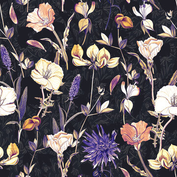 Botanic Floral pattern in the many kind of flowers. Flowers Motifs scattered random. Seamless texture. for fashion prints. Printing with in hand drawn style on black background