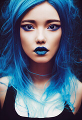 Portrait of a beautiful young girl with blue hair and unrealistic blue eyes. Dream girl