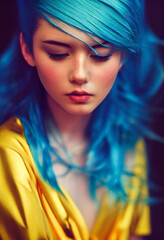 Obraz premium Portrait of a beautiful young girl with blue hair and unrealistic blue eyes. Dream girl