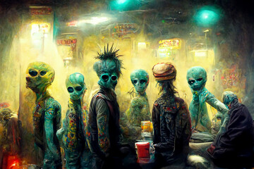 Ugly junkie monsters having fun and drinking. Punk aliens in the casino and bar - 537901675
