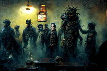 Nightmare monsters at the bar having fun. Scary horrifying monsters drinking alcohol in a cozy bar
