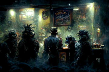 Nightmare monsters at the bar having fun. Scary horrifying monsters drinking alcohol in a cozy bar