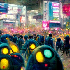 Colorful aliens crossing a street during the rush hour. Skyscrapers at the background. Alien life in the city, cute, aliens among us