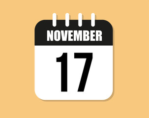 17 day november icon. Black and white november month calendar vector on orange background.