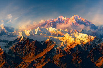 Panoramablick auf die Berge des Himalaya, Mount Everest. Panoramablick auf die schneebedeckten Berge in Upper Mustang, Annapurna Nature Reserve, Nepal. © Viks_jin