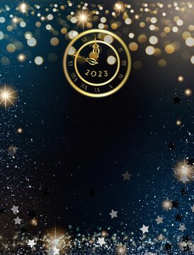 Black And Gold New Year Background With 2023 Number And Clock Time With Bokeh Lights 