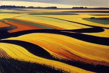 Fototapeta premium wavy fields with lines of winter crops in spring at evening sky