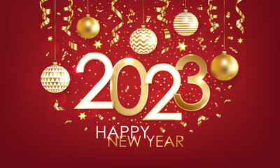 2023 Happy New Year card with golden type, balls and confetti on red background. Vector illustration.