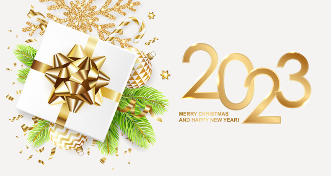 2023 Merry Christmas and Happy New Year banner with gift box, golden glitter snowflakes, balls, fir tree and confetti on white background. Vector ilustration.