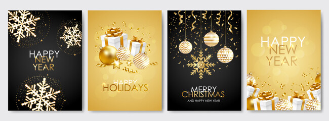 Fototapeta na wymiar Merry Christmas, Happy New Year, Happy Holidays cards with gift boxes, balls, snowflakes and confetti on black and gold background. Modern universal templates. Vector illustration.