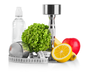 Dumbbells with bottled water , measuring tape and fruits isolated on white background