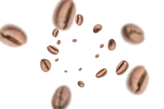 Coffee beans fall background. Black espresso coffee bean falling. Aromatic grain flying isolated on white. Concept for coffee product advertising. © Maksym