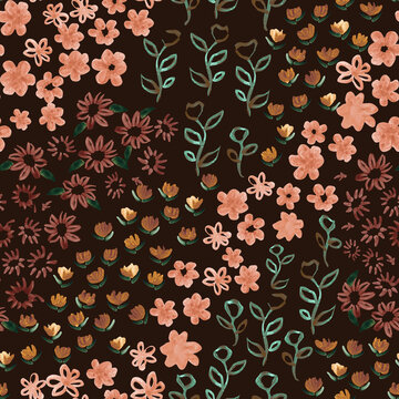 Cute pattern in a small flower. Little leave flowers. Colorful bright summer silhouette line drawing . Abstract seamless with leaves, poppies. Background composition template for modern style.