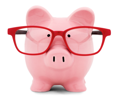 Piggy bank in red glasses on white background - Powered by Adobe