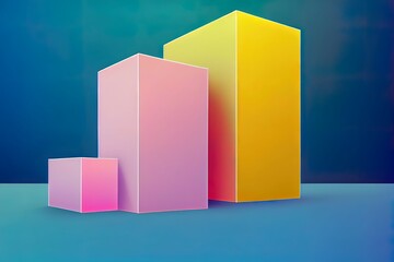 Set of white realistic 3d cylinder pedestal podium with pastel yellow, blue and pink in semi circle backdrop. Abstract 2d rendering geometric platform. Product display presentation. Minimal scene.