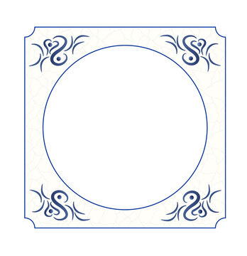 Original design of a traditional delft blue tile with abstract illustration in shades of blue, cream and grey grunge background and room for text, image or photo, png, transparent circle