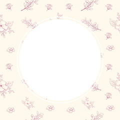 Frame in beautiful floral background. Square card background design with flowers. Floral background with square frame. Colored flat vector illustration