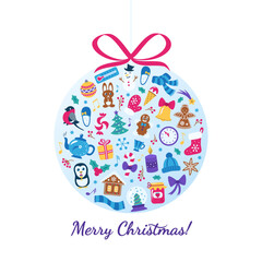 Merry Christmas card with cute cartoon elements in christmas ball with red bow. Seasonal winter, Christmas greetings, advertising design concept. Isolated on white background. Flat vector illustration