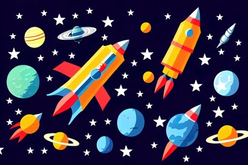 2d Illustration Of Space. Space flat 2d background with rocket, spaceship, moon, Jupiter, satellite, astronaut, planets and stars.