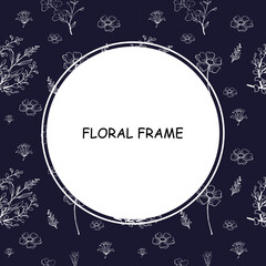 Frame in beautiful floral background. Square card design with flowers. Floral background with square frame. Colored flat vector illustration