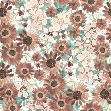 Blurry fuzzy floral seamless repeat pattern. Color blurred abstract flowers in trendy style. Backdrop for cloth, dress, fabric, textile, texture or wrapping.