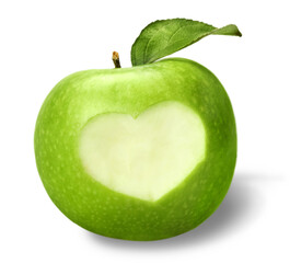 Green Apple With Cut Out Heart And Leaf - Isolated