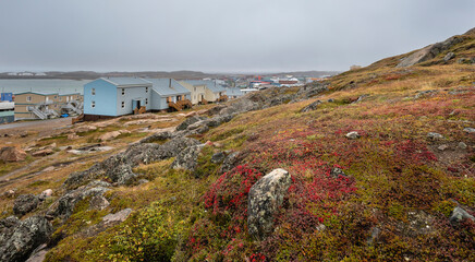 Houses on a rocky hillside beside the Arctic Ocean at Iqaluit