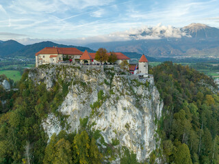 Fototapeta na wymiar Bled Castle Medieval Castle built above the City of Bled in Slovenia, overlooking Lake Bled (Blejsko Jezero)