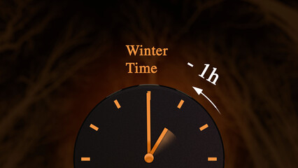 Fototapeta premium Illustration of the change for winter hour, switch to winter time, in halloween colors.