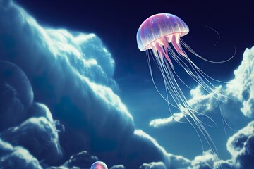 Giant alien scifi jellyfish flying through space above the earth in clouds realistic 3d render