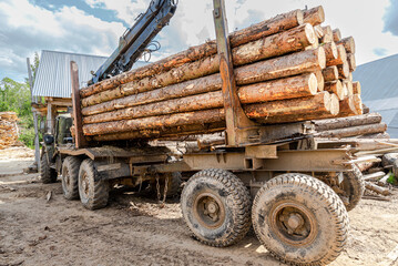 Timber carrier with large sawn logs at the wood storage place