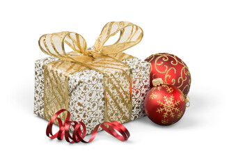 Red Christmas balls and gift  on white background
