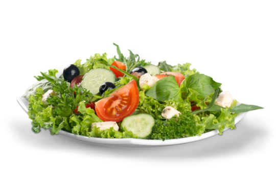 Individual side serving of delicious fresh Greek salad with feta cheese, olives, tomatoes and salad greens