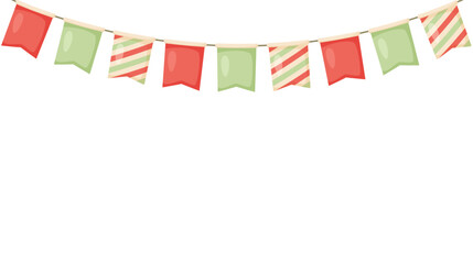 Obraz premium Celebration flag garland bunting. Red, green, beige pennants chain. Party flags decoration for wedding, birthday, baby shower, bridal shower, Christmas. Footer or banner background