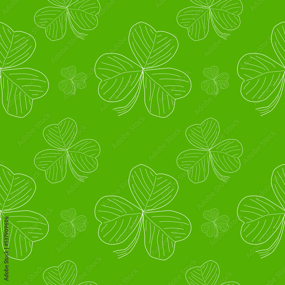 Poster seamless pattern shamrock clover on green background in linear style. hand drawn shamrock clover sea