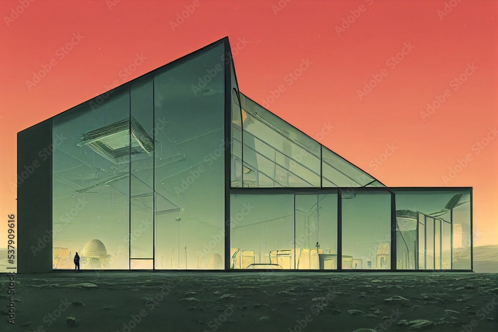 Poster 3d rendering of a greenhouse surrounded by a dry landscape on mars