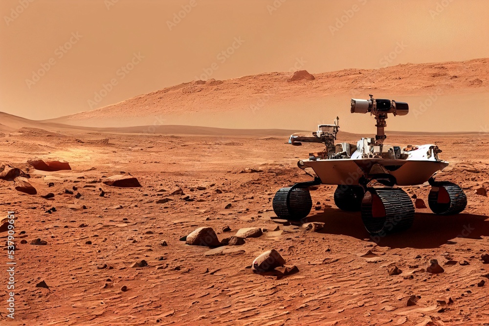 Poster 3d rendering of a mars exploration rover moving on the planet