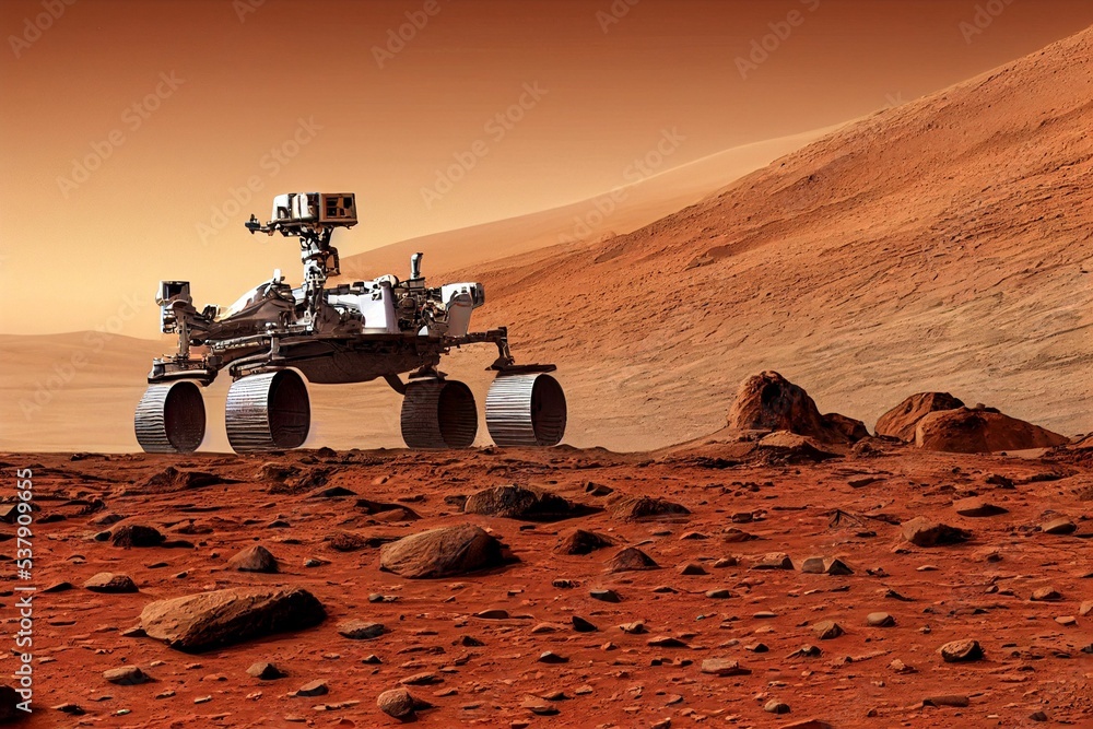 Poster 3d rendering of a mars exploration rover moving on the planet