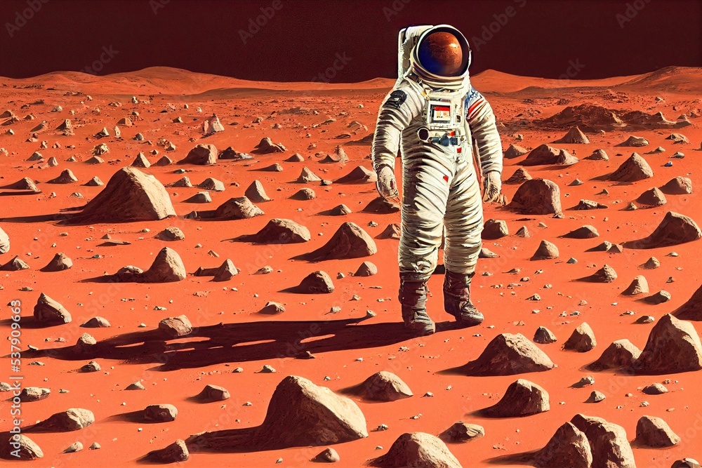Poster 3d rendering of an astronaut walking on the mars planet