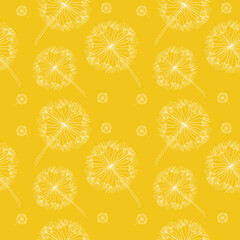 Seamless pattern Dandelion flower on yellow background in linear style. Hand drawn Dandelion flower seamless pattern. vector eps10