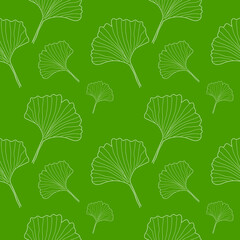 Seamless pattern Ginkgo leaves on green background in linear style. Hand drawn Ginkgo herbal plant seamless pattern. vector eps10