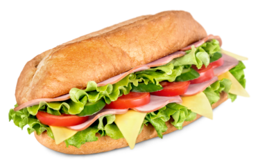 Ham and cheese salad submarine sandwich from freshly cut baguette