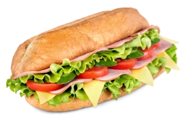 Poster Ham and cheese salad submarine sandwich from freshly cut baguette © BillionPhotos.com